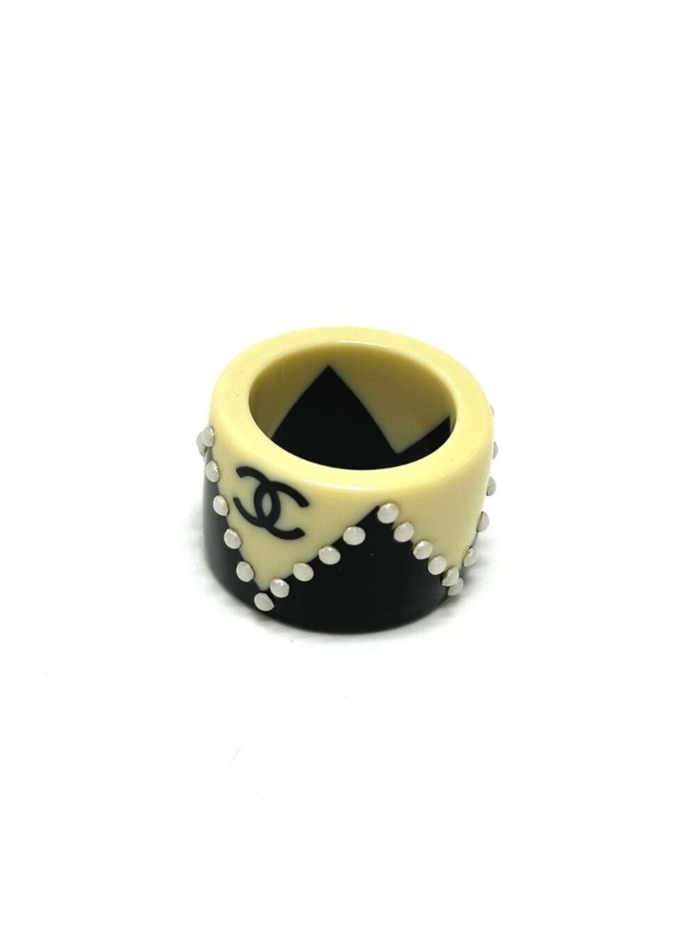 Chanel Ring CC Logo Bicolor Pearl Plastic White Black
